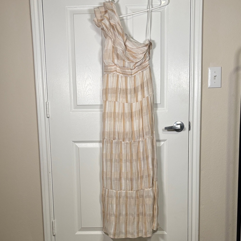 Tularosa One-Shoulder Ruffle Maxi Dress Beige Stripe XXS